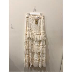 NWT Alexis Zella Sheer Ruffle Trim Tiered Lace Gown Skirt Ivory Women's Large